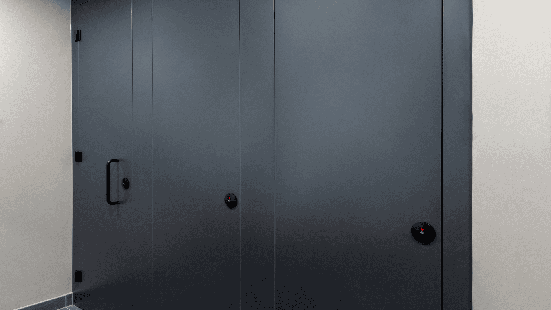 Blue washroom doors with black handles in a contemporary setting.
