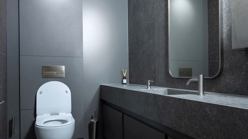 Dekton Vanity Unit with dark grey underpanels and IPS in a Commercial Universal Toilet