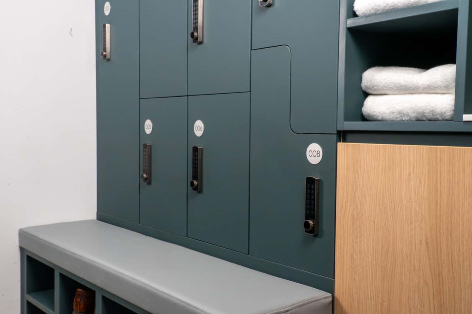 Close-Up of lockers with bench seating in an office End of Trip facility.