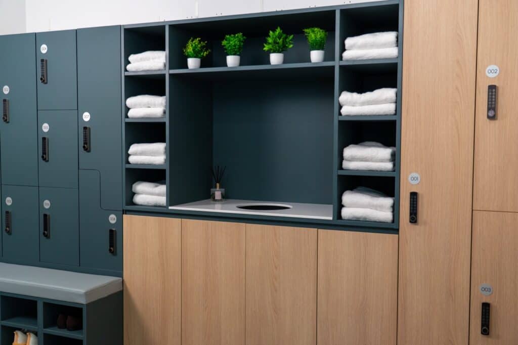 Wide shot of lockers and towel station in a commercial End of Trip facility.