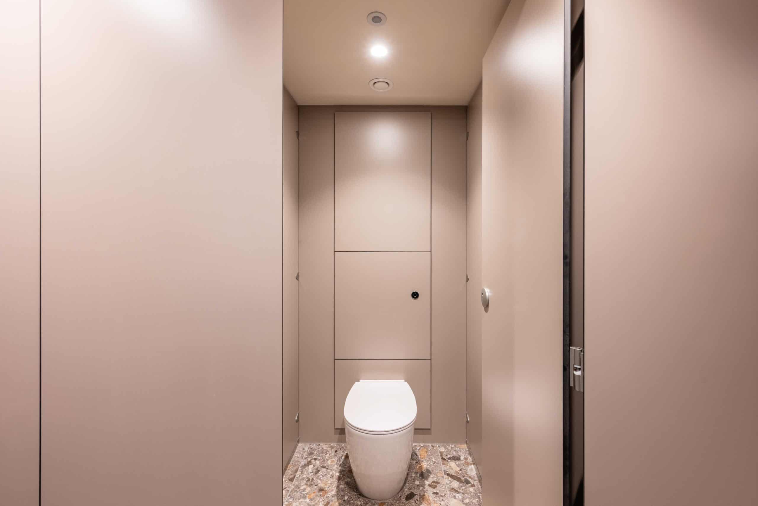 Modern washroom with concealed duct panels.