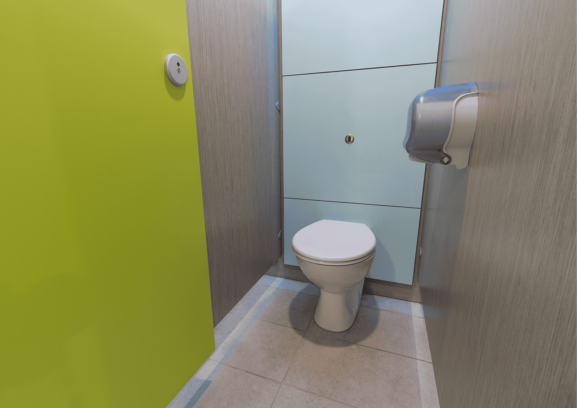 Accessible toilet with CGL duct panels in a clean, contemporary washroom.